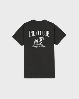 Black t-shirt with 'Polo Club' and horse graphic on a light gray background