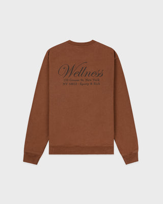 Brown sweatshirt with 'Wellness' text on the back against a white background