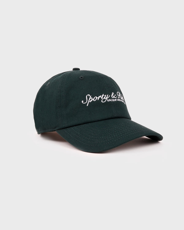 Dark green cap with white text on a light gray background