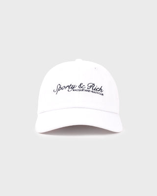 White cap with 'Sporty & Rich' logo on a white background