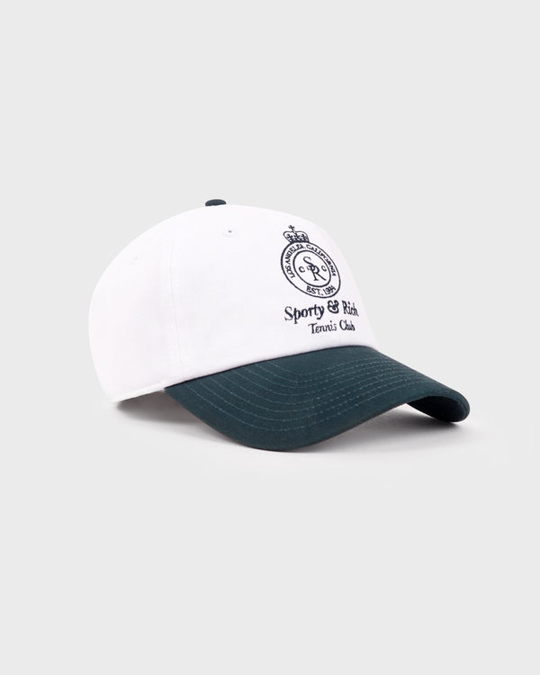 White cap with black logo and text on a white background