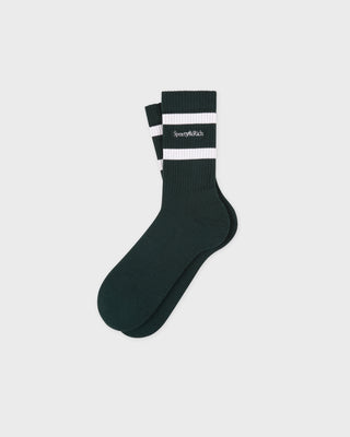 Dark green socks with white stripes and a brand logo on a light gray background