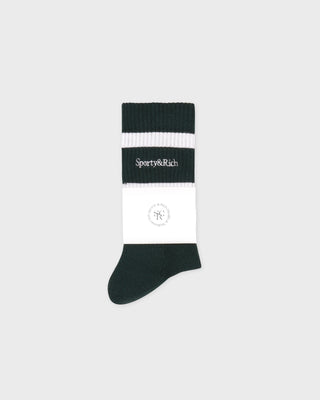 Black and white sock with 'Sporty & Rich' branding on a light gray background