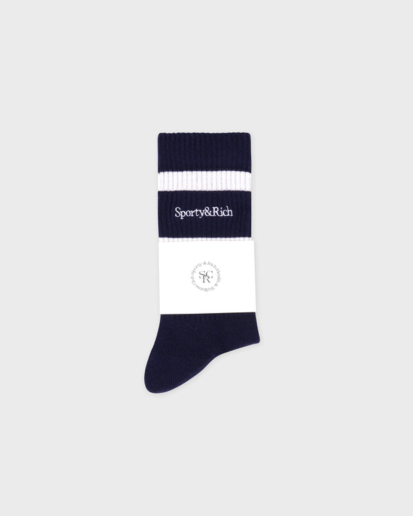 Navy and white striped sock with 'Sporty & Rich' branding on a light gray background