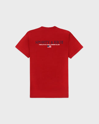Red t-shirt with text and logo on the back against a white background