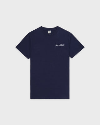 Navy blue t-shirt with 'Sporty & Rich' logo on a light gray background