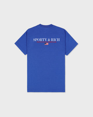 Blue t-shirt with 'Sporty & Rich' logo on a light gray background