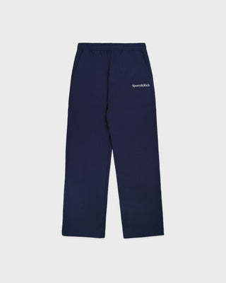 Navy pants with a brand logo on a white background