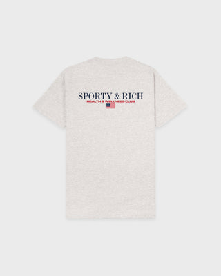 Gray t-shirt with 'Sporty & Rich' logo on a white background