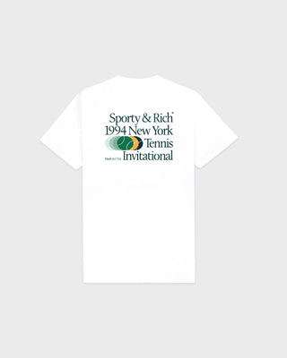 White t-shirt with text and logo on a white background