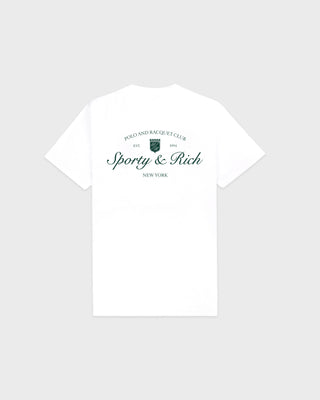 White t-shirt with 'Sporty & Rich' text on a light gray background