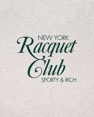 Text 'New York Racquet Club Sporty & Rich' on a textured gray background