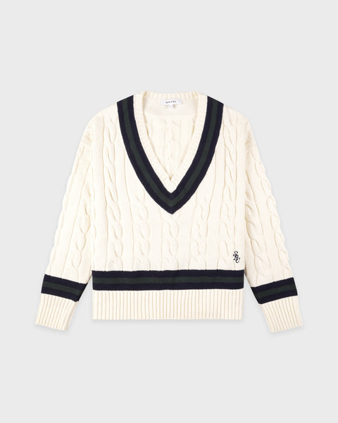 SRC Cableknit V-Neck Sweater - Ecru/Navy/Forest
