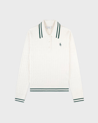 White long-sleeve shirt with green accents on a white background