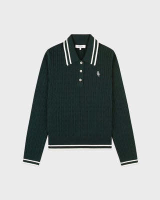 Dark green ribbed sweater with white trim on a light gray background