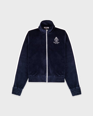 Navy blue jacket with a logo on a light gray background
