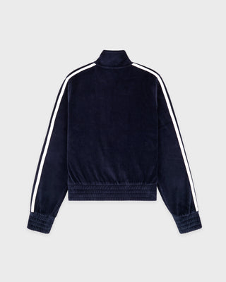 Navy blue track jacket with white stripes on sleeves and hem against a light gray background