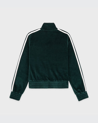 Dark green velour tracksuit jacket with white stripes on a light gray background