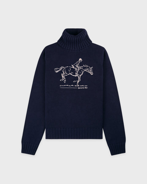 Horse Knitted Turtleneck - Navy/Ecru