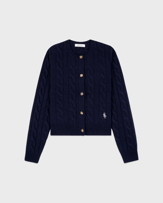 Navy blue cable knit cardigan with button details on a light gray background
