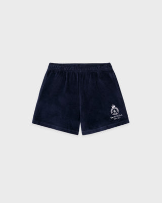 Navy blue shorts with a logo on a light gray background