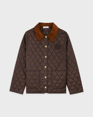 Quilted jacket with brown collar on a white background