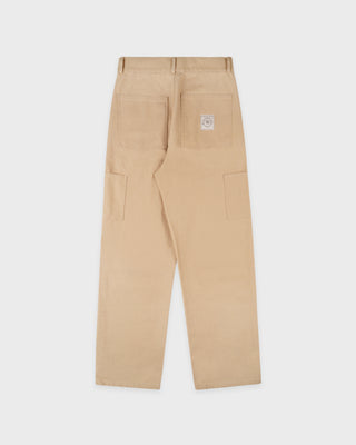 Beige pants with a brand logo on a white background