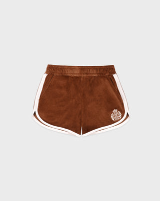 Brown shorts with a logo on a light gray background