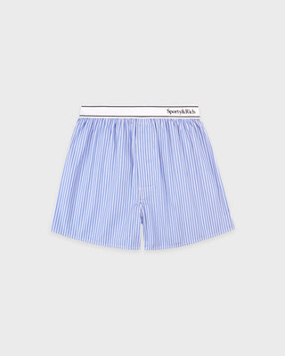 Blue striped boxer shorts with a brand label on a white background