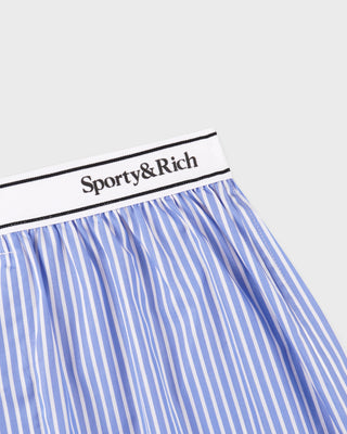 Blue and white striped boxer briefs with 'Sporty&Rich' waistband on a light gray background