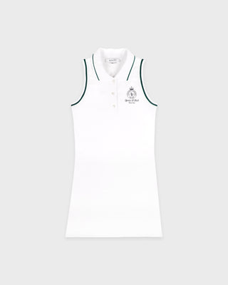 White sleeveless polo shirt with black trim on a white background