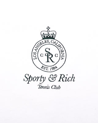 Logo of Sporty & Rich Tennis Club with a circular emblem and text on a white background