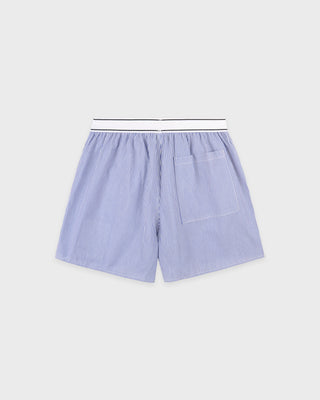 Blue and white checkered shorts on a light gray background