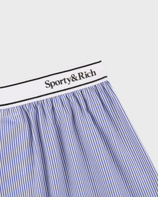 Blue and white striped boxer briefs with 'Sporty&Rich' waistband on a light gray background