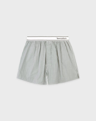 Gray striped boxer shorts with a white waistband on a light gray background