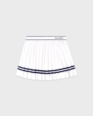 White pleated skirt with navy bands on a white background