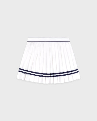 White pleated skirt with navy blue stripes on a white background
