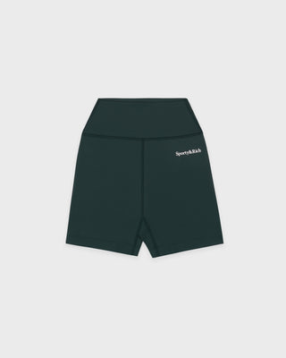 Dark green shorts with a brand logo on a light gray background