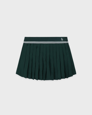 Green pleated skirt with a white trim on a light gray background