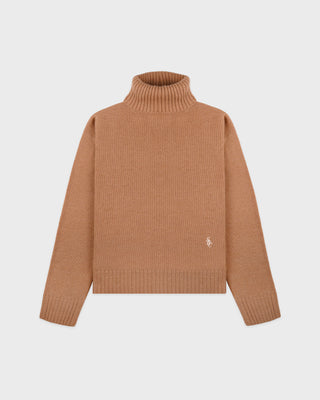 Brown turtleneck sweater on a light gray background