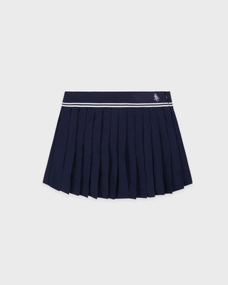 Navy pleated skirt with a white stripe on a light gray background