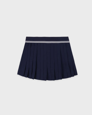Navy pleated skirt with a white band on a light gray background