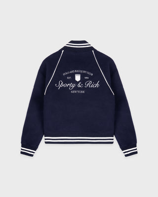 Navy blue jacket with white text on a light gray background