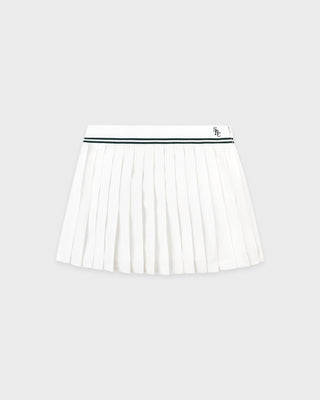 White pleated skirt with a black waistband on a light gray background