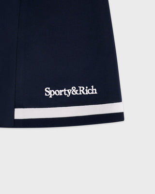 Navy shorts with white trim and 'Sporty&Rich' logo on a white background