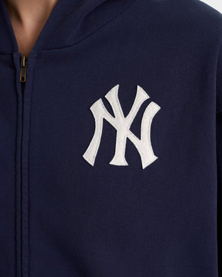 Navy blue hoodie with a white logo on the chest