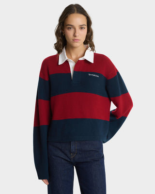 Serif Logo Cashmere Rugby Polo - Merlot/Navy/Ecru