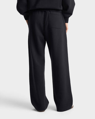 Black wide-leg pants worn by a person on a white background