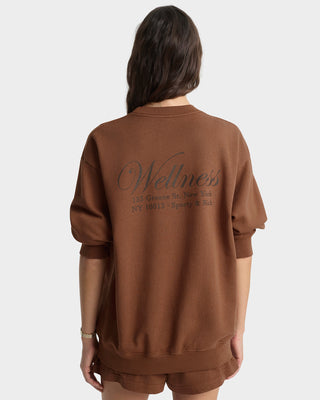 Person wearing a brown sweatshirt with 'Wellness' text on the back against a white background