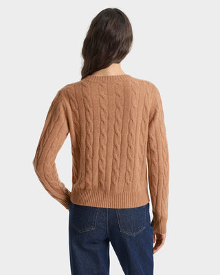 Person wearing a brown cable knit sweater on a white background